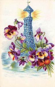 Floral Lighthouse c1910 Embossed Greetings Postcard Light House Printed Germany