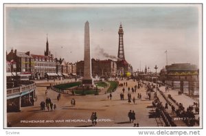 RP; Hand-colored, Promenade and War Memorial, BLACKPOOL, Lancashire, England,...