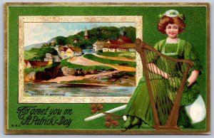 K50/ St Patrick's Day Holiday Postcard c1910 Pretty Girl Sceneery Harp 126