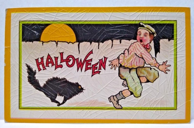 Halloween Postcard Unique Spider Web Texture Moon Boy Black Cat Stecher 90 C 