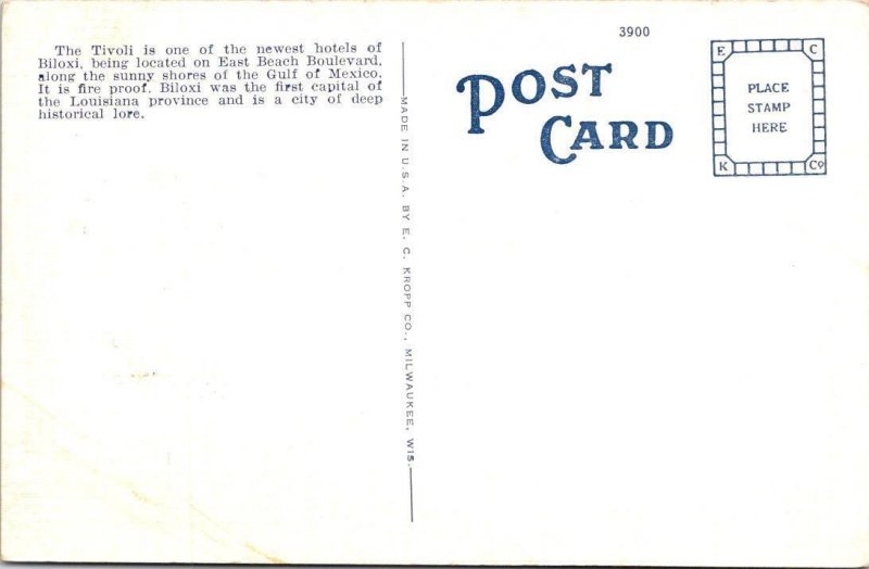 Biloxi, MS Mississippi  TIVOLI HOTEL   ca1940's Kropp Linen Postcard