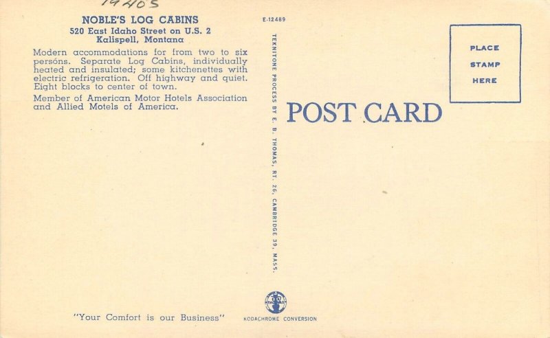 Postcard Montana Kalispell Nobles Log Cabins 1940s Thomas 23-7110