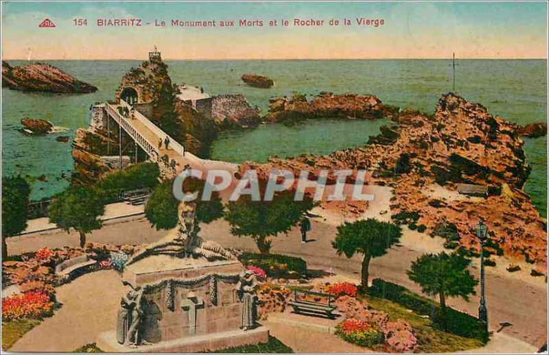 Old Postcard Biarritz War memorial and the Rock of the Virgin