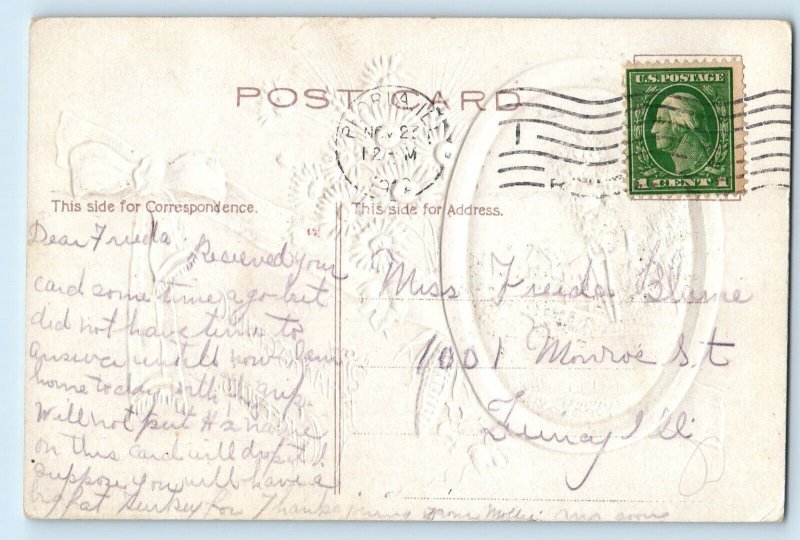 1912 Thanksgiving Greetings Pink Flowers House Embossed Peoria IL Postcard