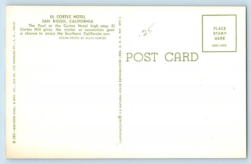 San Diego California Postcard El Cortez Hotel Pool Exterior Building View c1960