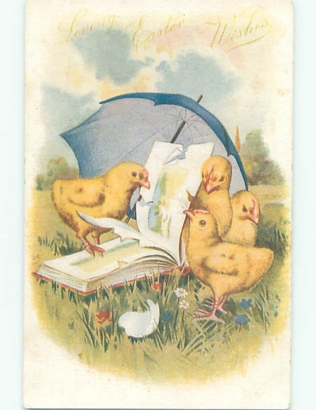 Pre-Linen Easter CUTE CHICKS UNDER UMBRELLA LOOKING AT BOOK AB3936