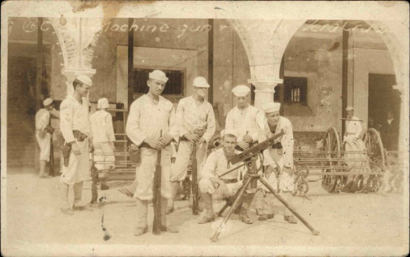Veracruz Mexico Gun US Navy Sailors Pose w Machine Gun c1910 Real Photo Postcard