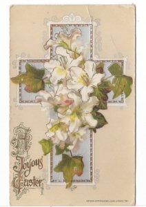 A Joyous Easter, Cross And Flowers, Vintage 1911 John Winsch Gelatin Postcard