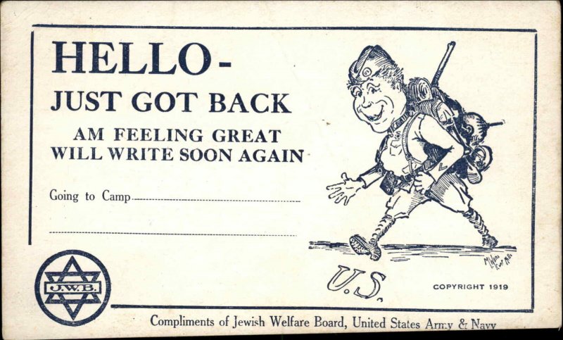 Judaica Jewish Welfare Board WWI JWB 1919 Postcard