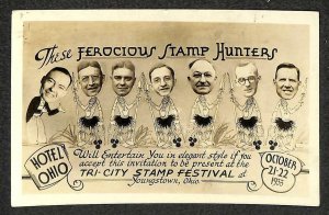 RPPC FEROCIOUS STAMP HUNTERS YOUNGSTOWN OHIO HOTEL AD REAL PHOTO POSTCARD 1933