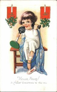 Christmas Little Girl Old Telephone Bunny Slippers c1910 Vintage Postcard