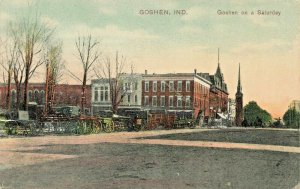 Goshen IN On a Saturday Horse & Wagons Postcard