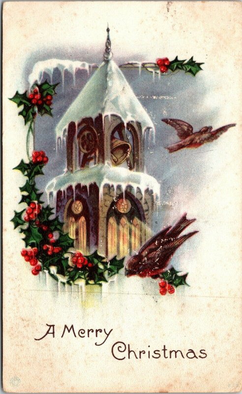 A Merry Christmas with church and bell and holly BIRD - POSTCARD PC POSTED