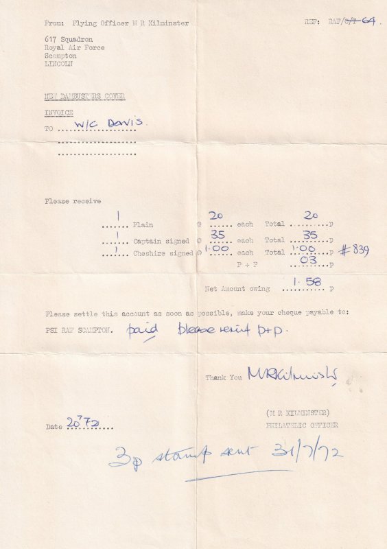 617 Squadron Flying Officer 1972 Dambuster Stamps Receipt