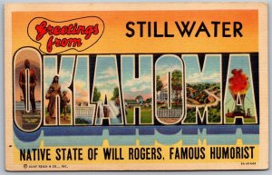 Vtg Large Letter Greetings From Stillwater Oklahoma OK 1930s Linen Postcard