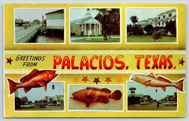 Palicios Texas~Banner & Fish Greetings~Downtown~Pier~1950s Cars~Postcard 