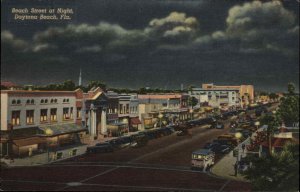 Daytona Beach Florida FL Beach Street at Night Bus Linen Vintage Postcard