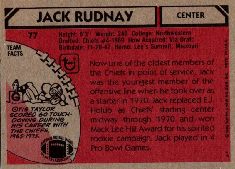 1980 Topps Football Card Jack Rudnay C Kansas City Chiefs sun0384