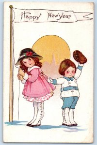 c1910's New Year Children Flag Pole Embossed Unposted Antique Postcard