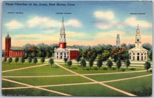 Three Curches on the Green New Haven Connecticut CT Landscaped Grounds Postcard