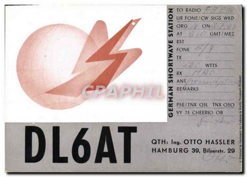 Postcard Old Telegraphie DL6AT Otto Hassler Hamburg