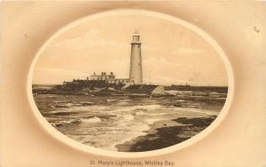 Vintage Lithograph Postcard St. Mary's Light House Whitley Bay UK Tyne and Wear