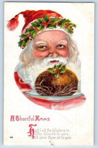 Christmas Postcard Santa Claus Plum Pudding Holly Berries Embossed c1910's