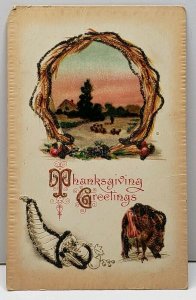 Thanksgiving Greetings Turkey Country Scene Embossed Tinseled Postcard F12