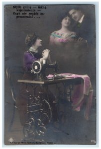 1915 Poland WW1 Sewing Machine Couple Romance Posted Antique Postcard