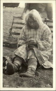 Alaska Eskimo Woman Mending or Making Clothing Real Photo Postcard