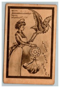 Vintage 1911 Postcard - Birth Announcement Stork Cute Baby - Name & Date Given