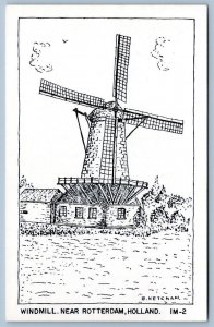 WINDMILL ROTTERDAM HOLLAND ARTIST BRYAN KETCHAM HAND PRINTED VINTAGE POSTCARD