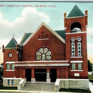 c1910s Oelwein IA First Christian Church Litho Photo Postcard Horse Carriage A45