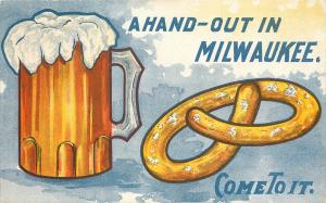 c1910 Postcard; Beer & Pretzel Hand-Out in Milwaukee WI, Come to it. Unposted