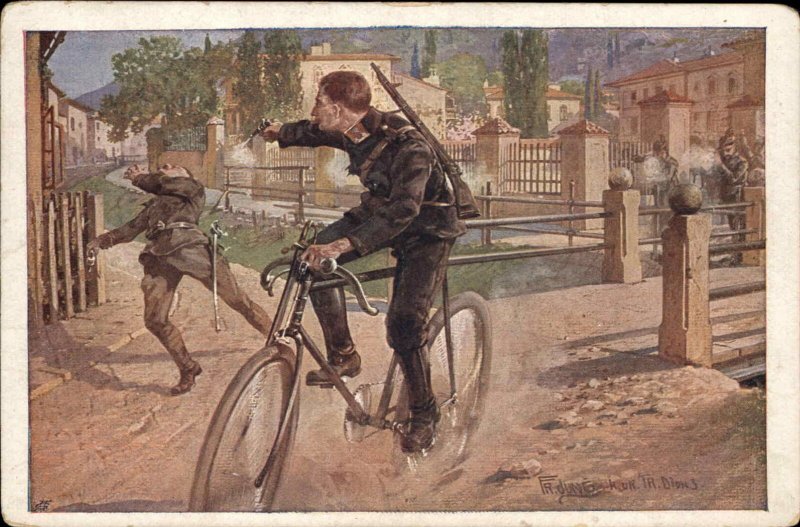 WWI Soldier on Bicycle Shoots Gun Kills Man German Red Cross 1915 Postcard