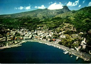 Aerial View Postcard Papeete Tahiti Between the Mountains & Port