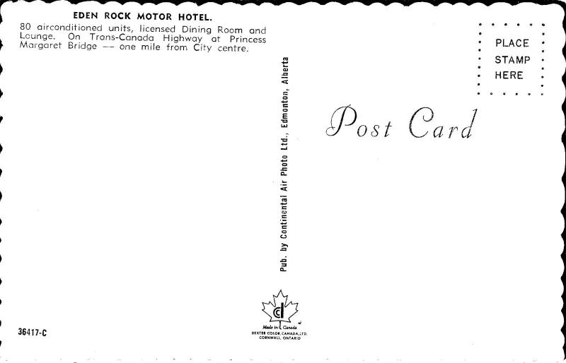 Eden Rock Motor Hotel Fredericton NB New Brunswick Unused Vintage Postcard E15