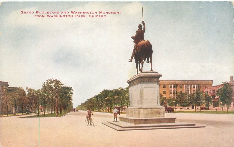 Chicago Illinois Grand Blvd & Washington Monument Litho Postcard Unused