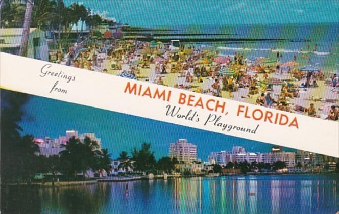 Florida Greetings From Miami Beach Showing Ocean Front Hotels and Beach Scene