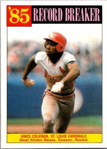 1986 Topps Baseball Card '85 Record Breaker Vince Coleman Cardinals sk10661