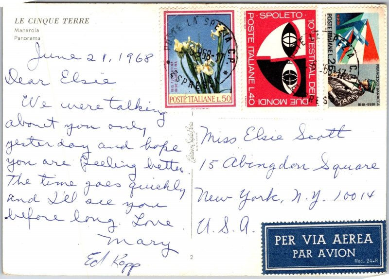 Le Cinque Terre Panorama Buildings on Cliffs Mountains Ocean Breeze Postcard 