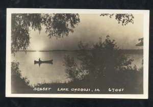 RPPC LAKE OKOBOJI IOWA BOATING CANOE AT SUNSET REAL PHOTO POSTCARD