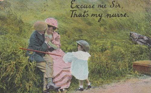 Stop Kissing My Nurse Flirting Fishing Rod Antique Risque Postcard