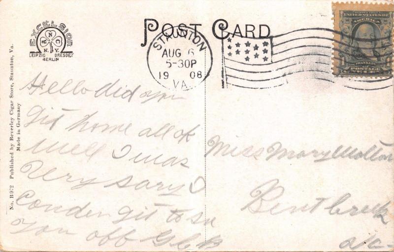 STAUNTION VIRGINIA~MARY BALDWIN SEMINARY~BEVERLY CIGAR STORE POSTCARD 1908 PSTMK