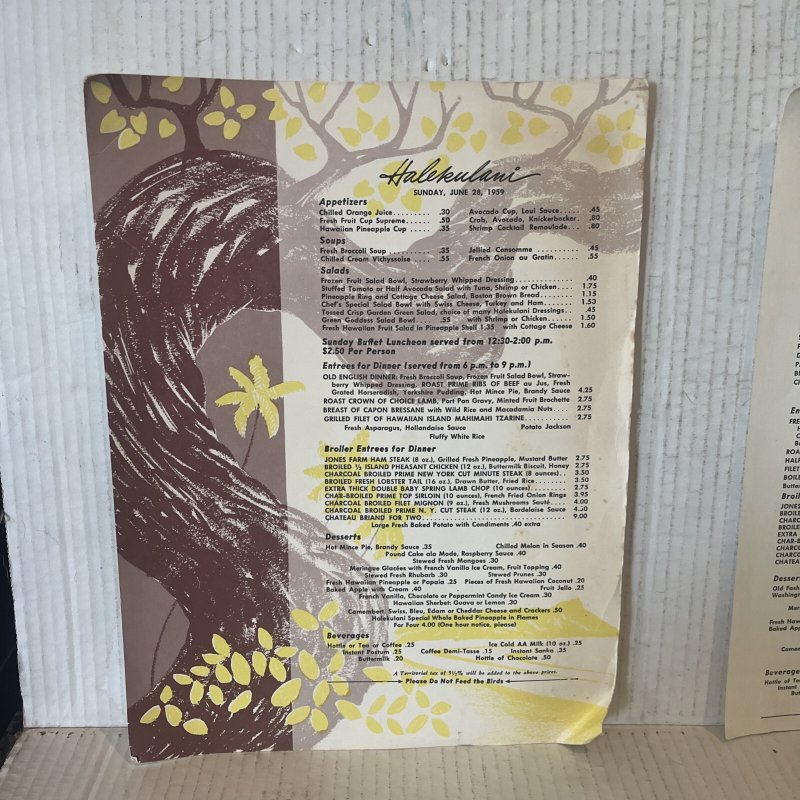 Lot 2 Halekulani Hotel Restaurant Menu Kālia Road Waikiki Honolulu HI 1959