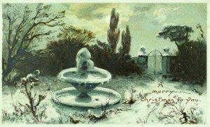 1880's-90's Victorian Christmas Card Night Frozen Water Fountain Snow Gate P79