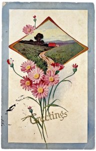 Antique Postcard PMK 1909 Texas GREETINGS Gerbera Daisies Country Road Divided