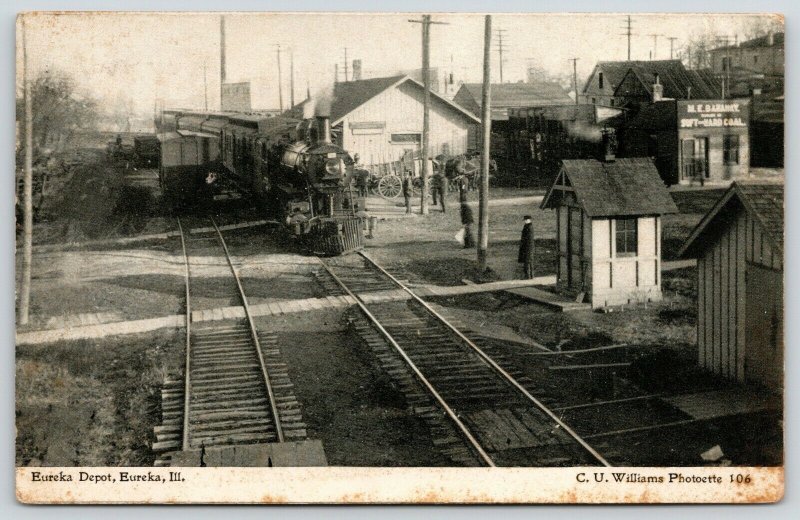 Eureka Illinois~Train at Railroad Depot~Hard & Soft Coal Seller~1910 CU Williams 