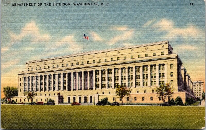 Department Of The Interior Washington DC Cars US Flag Linen Postcard WOB VTG PM 
