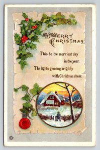 1915 Embossed Christmas Postcard - Snowy Cottage, Holly, Stecher Quality